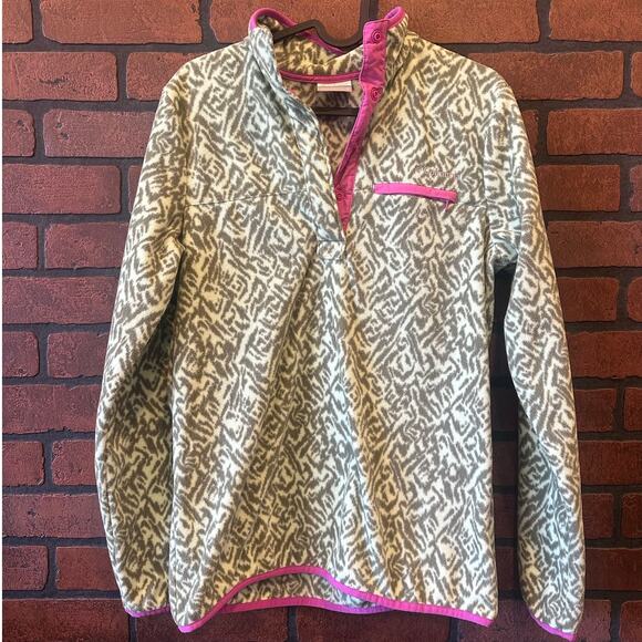 Columbia Green Patterned Fleece Pullover Jacket Small Snap Neck Zip Pocket Soft - Picture 1 of 12
